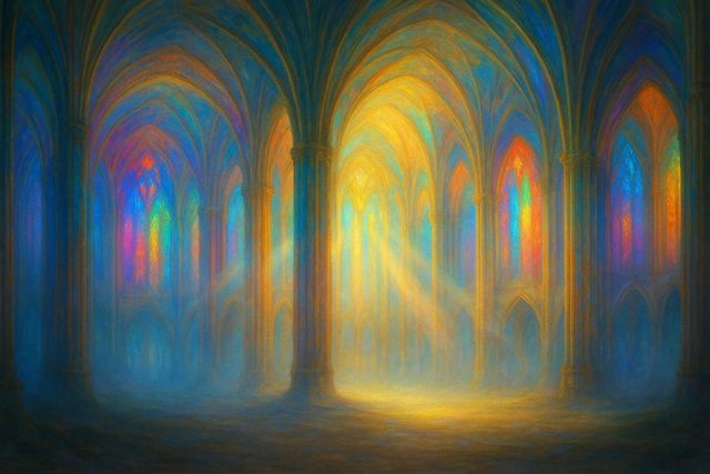John 17:21: Where It Appears, and Where It Leads to Christ. A vast cathedral of living light with colored shafts pouring down.