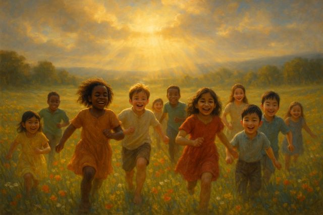 Christian painting: Children of every nation running joyfully together through a field of wildflowers at golden hour.