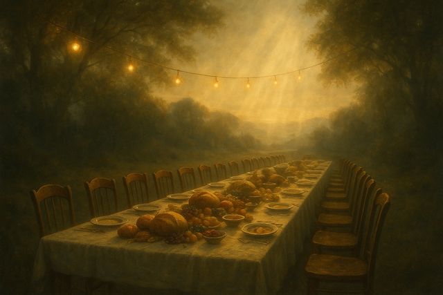 The Moabite Stone (Mesha Stele): What It Is, and What It Shows About the Bible. A long banquet table laden with bread beneath warm strings of light.