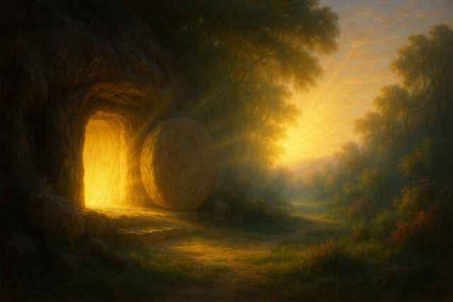 Christian painting: An empty tomb at dawn with light pouring from the open door.