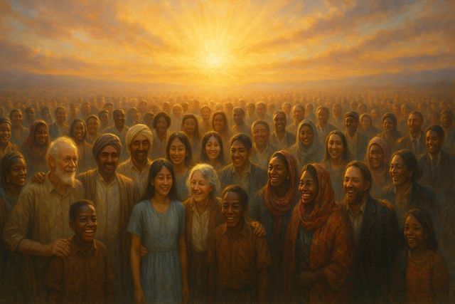 Christian painting: A great multitude from every nation gathered as one family in dawn light.