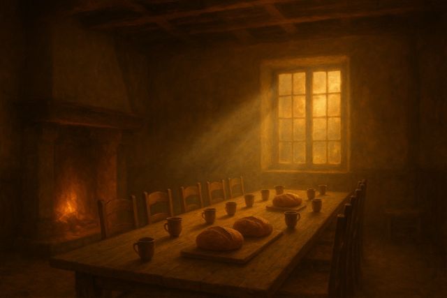Genesis 2:17: Where It Appears, and Where It Leads to Christ. A warm home with a long table set for many, a hearth glowing at golden hour.