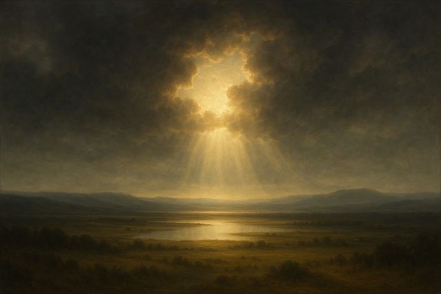 Mark 11:17: Where It Appears, and Where It Leads to Christ. Clouds opening over a still landscape as evening light breaks through.