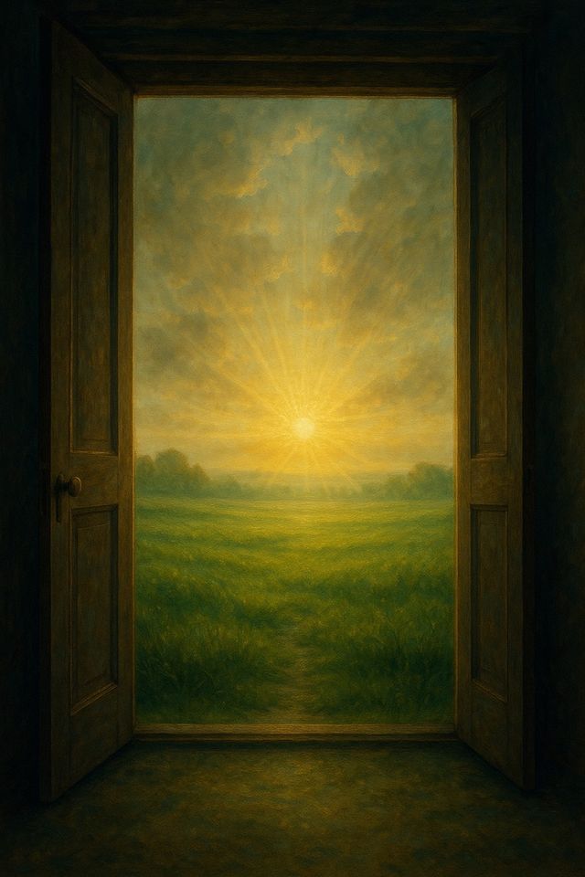 イエスの系図:名前のリストに隠された福音. An open door thrown wide to a bright dawn over a green field.