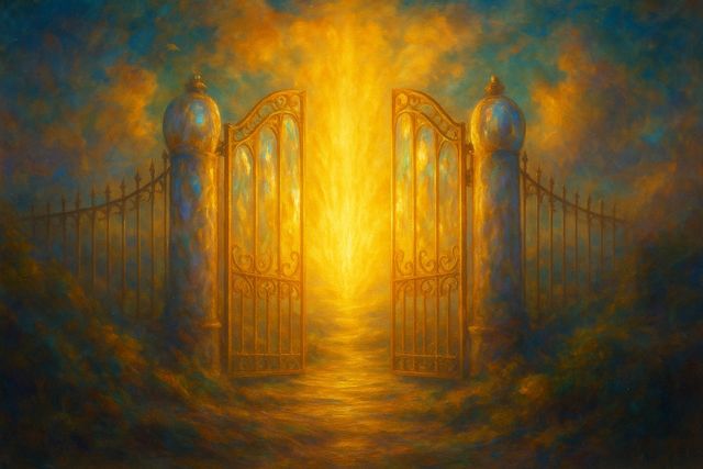 Curious About Jesus? Come and See. Luminous open gates of pearl with golden light beyond.