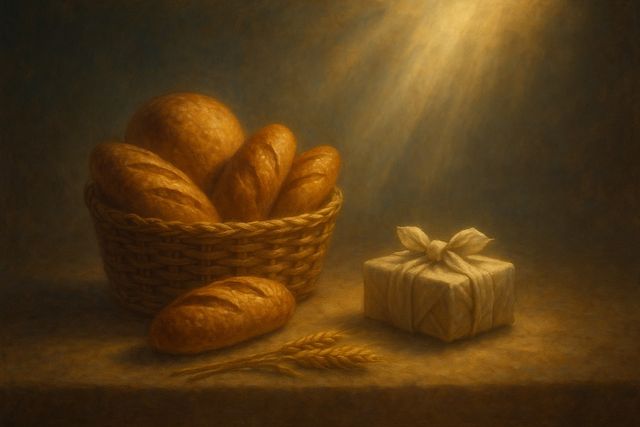 Joel 2:25: Where It Appears, and Where It Leads to Christ. A basket of bread and grain beside a wrapped gift in warm afternoon light.