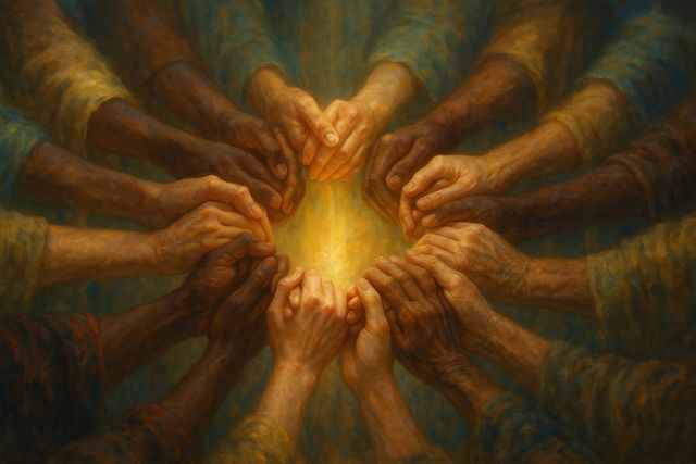 The Conquest of Canaan: The Hard Verse, Faced Honestly. Many hands of every skin tone joined together in a circle of light.