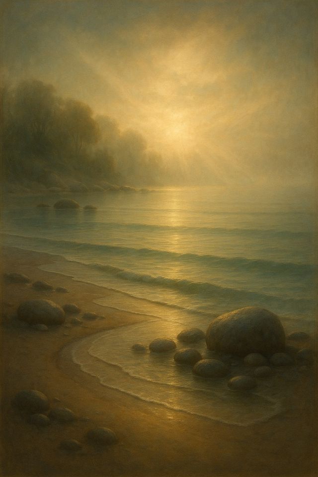 Matthew 2:23: Where It Appears, and Where It Leads to Christ. Soft morning light on calm water and smooth stones by a quiet shore.