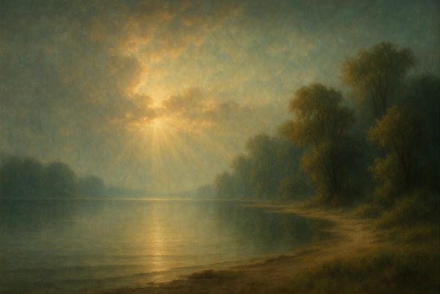 Romans 8:29: Where It Appears, and Where It Leads to Christ. A calm shoreline at first light where water meets a clearing sky.
