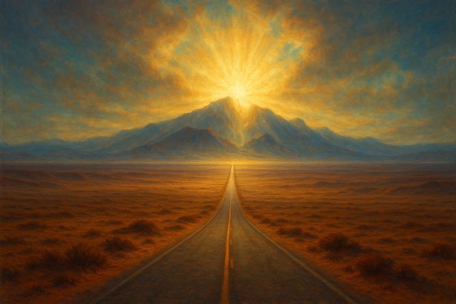 受難の対象と、それぞれがキリストについて示すこと. A road through a vast desert toward distant radiant light.