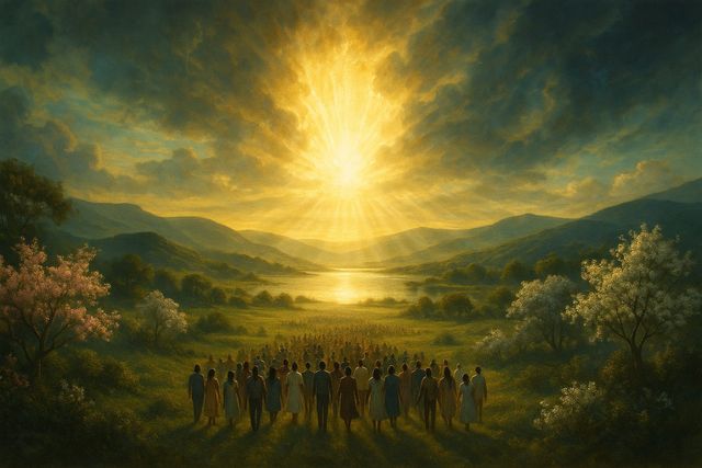 The Widow's Mite: What It Really Meant. A great crowd of people from every nation walking hand in hand through a blossoming valley toward golden light breaking over the hills.