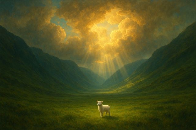 John 8:58: Where It Appears, and Where It Leads to Christ. A single white lamb in a vast emerald valley beneath golden clouds.