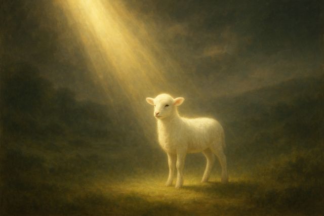 Matthew 14:25: Where It Appears, and Where It Leads to Christ. A radiant white lamb standing in a soft shaft of golden light.