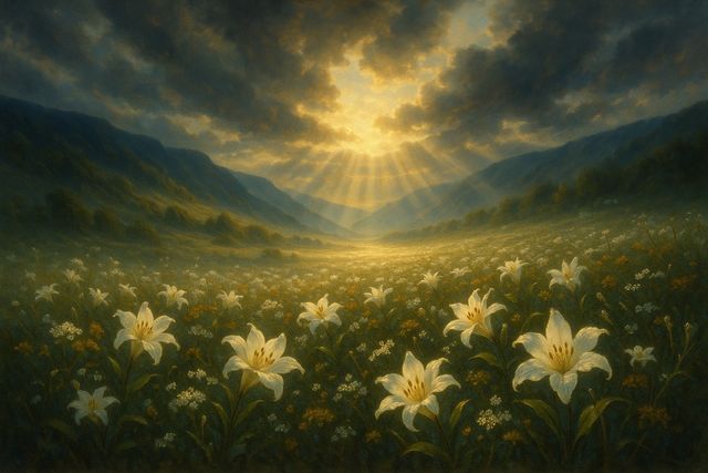 Acts 16:30: Where It Appears, and Where It Leads to Christ. A valley of white lilies and wildflowers in morning sun.