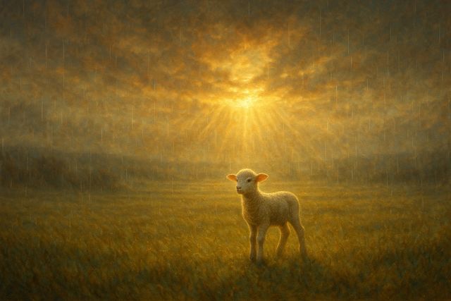 Hebrews 7:17: Where It Appears, and Where It Leads to Christ. A lamb in a field as warm light breaks through distant rain.