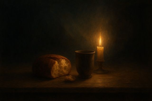 Mark 1:15: Where It Appears, and Where It Leads to Christ. Bread and a simple cup on a quiet wooden table in soft candlelight.