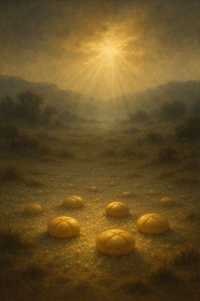 The Son of Man Coming With Clouds: The Prophecy and Its Fulfillment in Jesus. Golden manna and small loaves resting on the ground at first light.
