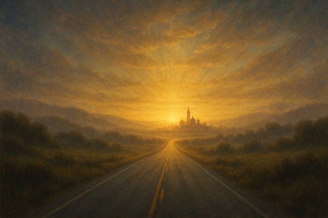 利未记中的五种献祭，以及每一种如何预示基督. An open road at dawn leading toward a distant city just waking.