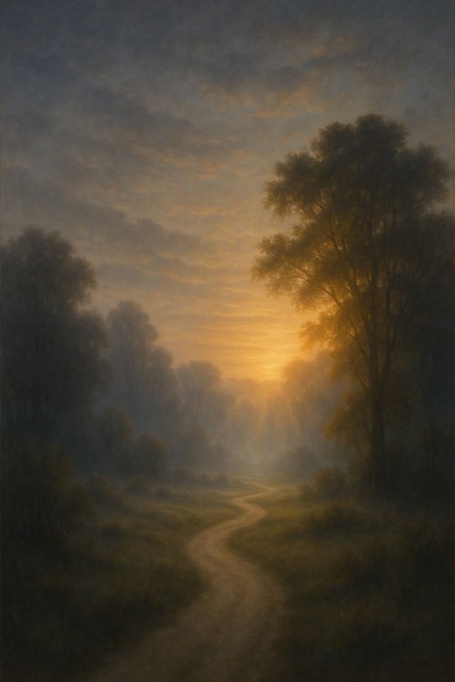 Matthew 28:2: Where It Appears, and Where It Leads to Christ. Grey pre-dawn softening into first warm light over a quiet path.