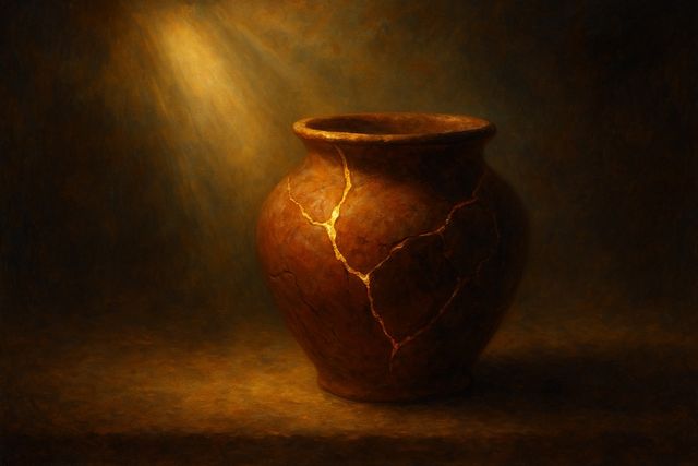 Romans 15:7: Where It Appears, and Where It Leads to Christ. A broken clay vessel mended with veins of gold.
