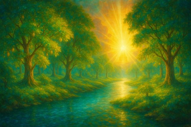 Christian painting: A crystal river of life flowing from a radiant light.