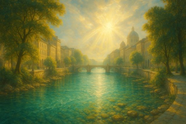 Joel 2:28: Where It Appears, and Where It Leads to Christ. A crystal river flowing through the center of a radiant city.