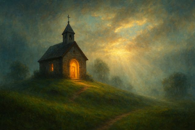 Luke 4:16: Where It Appears, and Where It Leads to Christ. A small stone chapel on a green hill in morning mist.