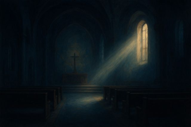Mark 6:31: Where It Appears, and Where It Leads to Christ. The still interior of a sanctuary lit by one soft shaft of warm light.