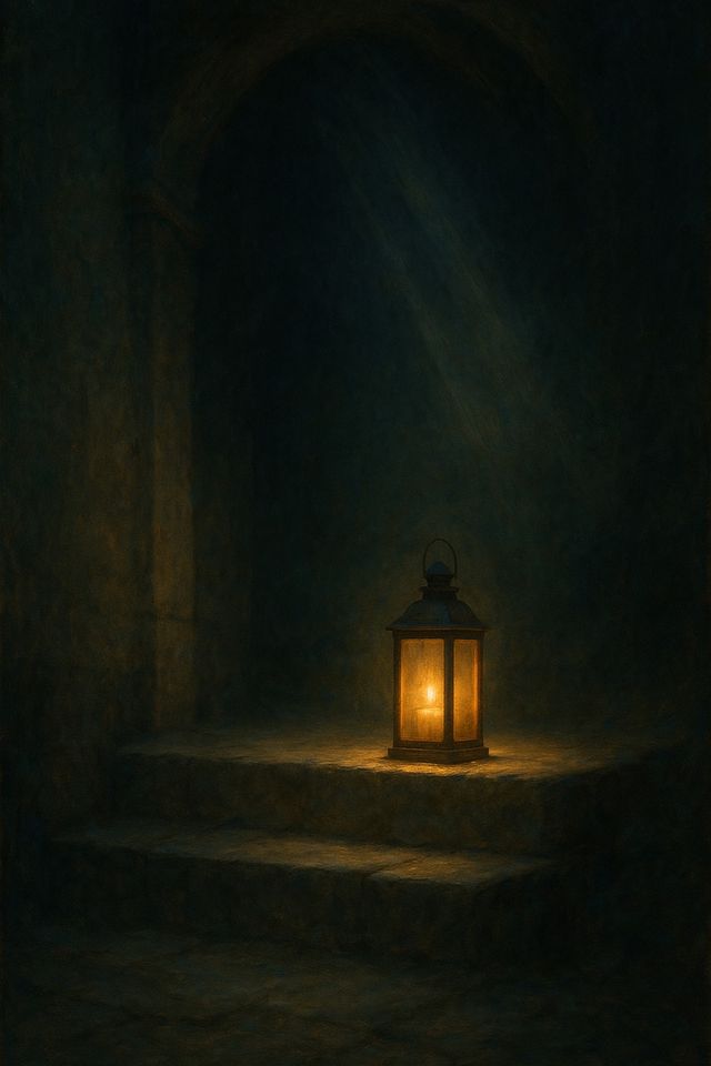 The Donkey in the Bible: Meaning and Where It Points. A single lit lantern on a stone step in a quiet dark alcove.