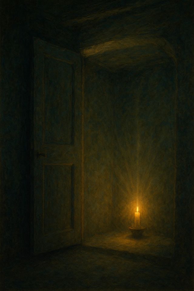 John 6:35: Where It Appears, and Where It Leads to Christ. A small quiet inner room with one warm candle behind a nearly-closed door.