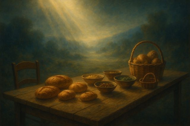 1 Peter 5:4: Where It Appears, and Where It Leads to Christ. A long table laid with bread and provisions in warm afternoon light.