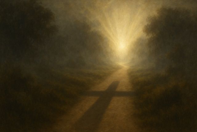 Genesis 3:15: Where It Appears, and Where It Leads to Christ. A path with light breaking ahead through mist and a cross-shaped shadow across the way.