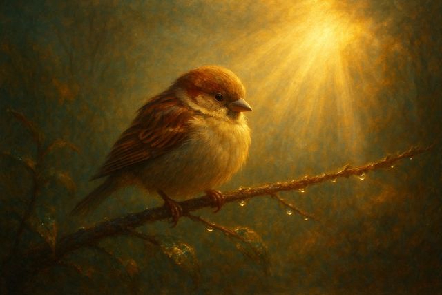Christian painting: A sparrow on a dew-covered branch in golden dawn light.