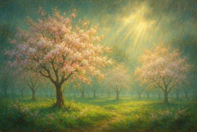 Lamentations 3:22: Where It Appears, and Where It Leads to Christ. An orchard of blossoming trees in gentle spring rain.