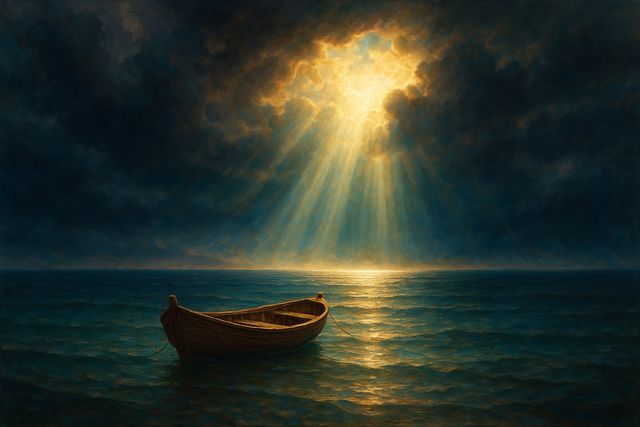 The Five Offerings of Leviticus: How Each Foreshadows Christ. An empty boat on calm water as light breaks through parting storm clouds.