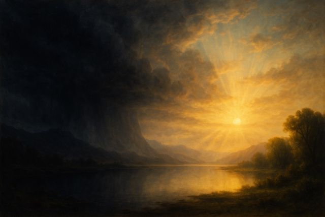 The Promises of God: How Every One Is Yes in Christ. A landscape moving from dark storm into clear dawn light over reflecting water.