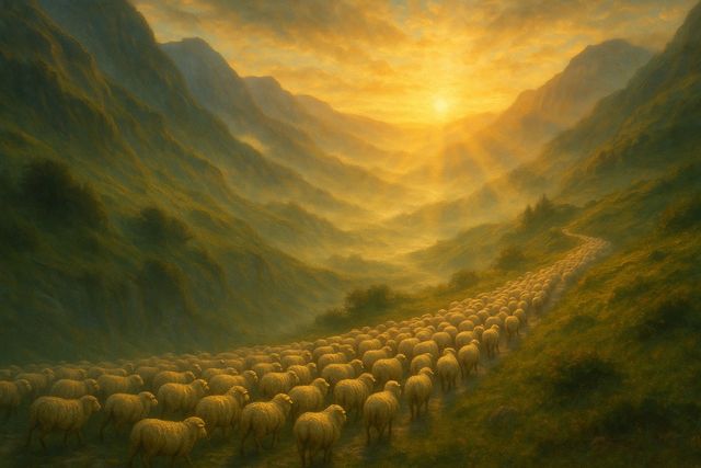 Christian painting: Hundreds of sheep moving along a mountain path toward dawn.