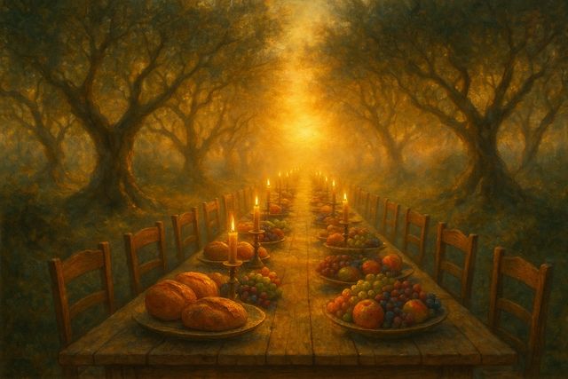 Christian painting: A long table set with bread and candles beneath olive trees at sunset.