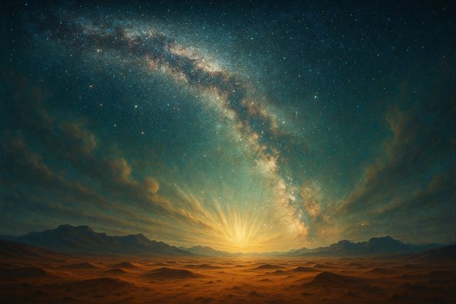 Christian painting: The Milky Way arching over a vast silent desert.