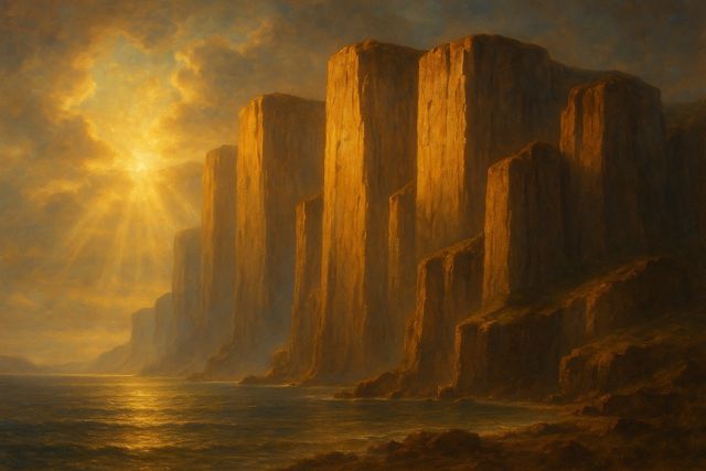 Christian painting: Massive ancient cliffs beside a calm sea at golden hour.