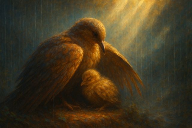 Christian painting: A bird sheltering her young beneath her wing in soft rain.