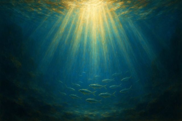 The Questions God Asks in the Bible: Where Are You, Who Do You Say I Am, Do You Love Me. Sunlight in cathedral-like shafts through clear ocean water.