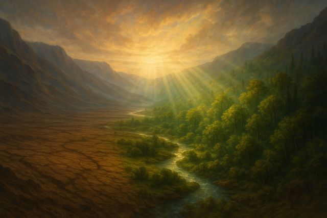John 8:32: Where It Appears, and Where It Leads to Christ. A dry valley becoming living green forest and water at dawn.