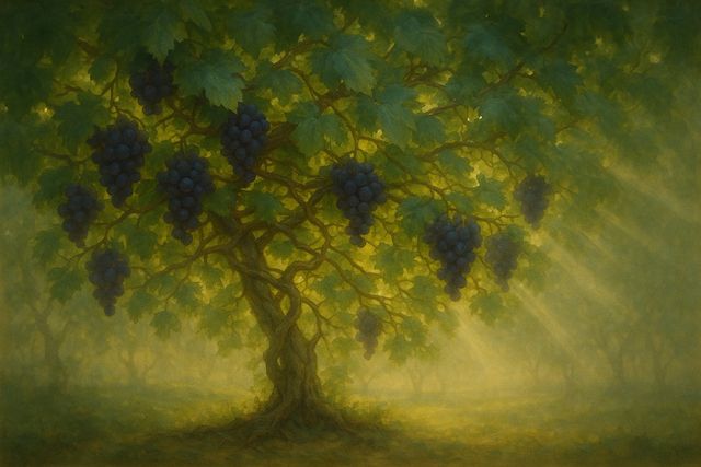 Genesis 16:8: Where It Appears, and Where It Leads to Christ. A grapevine heavy with fruit, its branches joined to one root in warm light.
