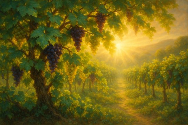 Romans 12:2: Where It Appears, and Where It Leads to Christ. A lush vineyard heavy with fruit at golden hour.