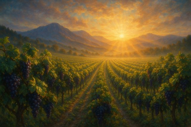 The Chosen, Gentle Servant: The Prophecy and Its Fulfillment in Jesus. A vast vineyard heavy with fruit at sunrise, dew like jewels.