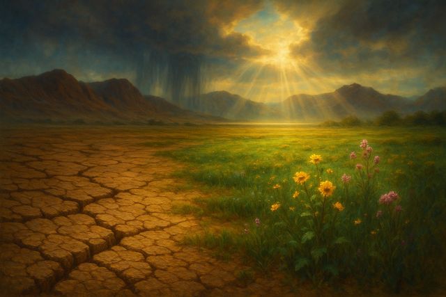 Deuteronomy 31:6, Be Strong and Courageous in Context: What It Actually Means. Dry earth becoming green garden as distant rain falls.