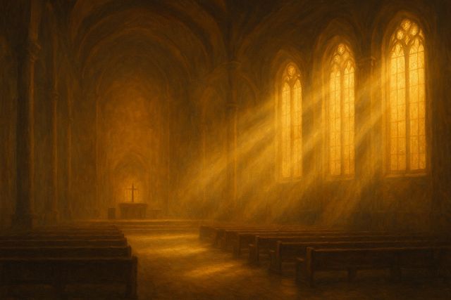 A Genealogia de Jesus: O Evangelho Escondido na Lista de Nomes. Golden light pouring through the tall windows of a worship hall.