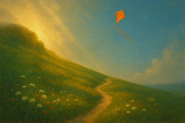 Matthew 28:6: Where It Appears, and Where It Leads to Christ. A green hillside path with wildflowers and a kite rising into a clear sky.