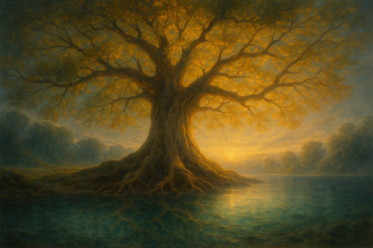 An enormous ancient tree beside crystal water at dawn.